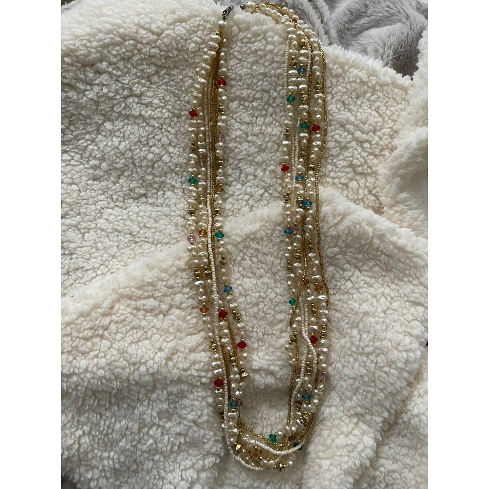 Vintage 7-Strand Pearl and Seed Bead Gold / Cream Multi-Colored Necklace